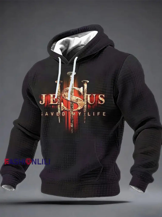 Men’s Jesus Saved My Life Checkered Cotton Hoodie Deep Purple / S