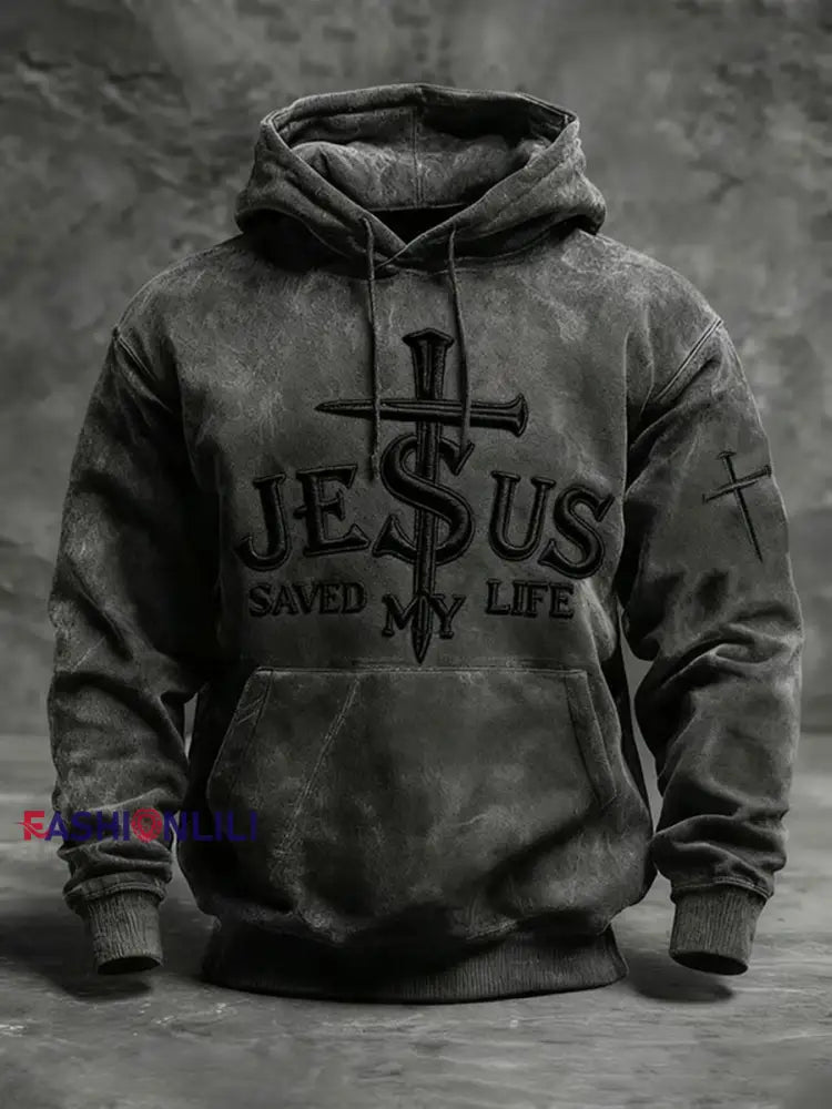 Men’s JESUS SAVED MY LIFE Print Casual Hoodie Black / S