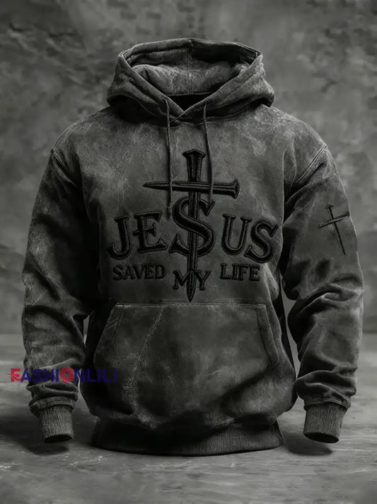 Men’s JESUS SAVED MY LIFE Print Casual Hoodie Black / S