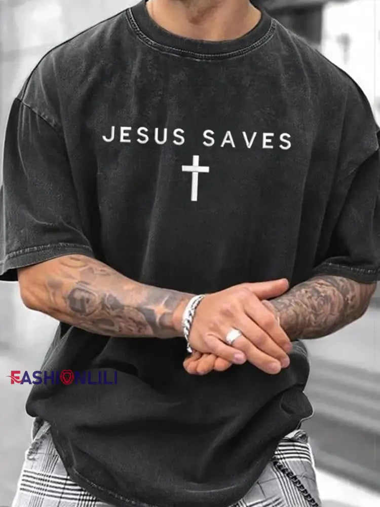 Men’s Jesus Saves Faith Print T-shirt Black / S