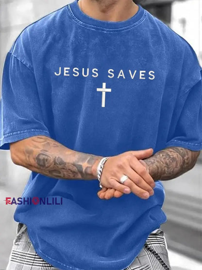 Men’s Jesus Saves Faith Print T-shirt Blue / S