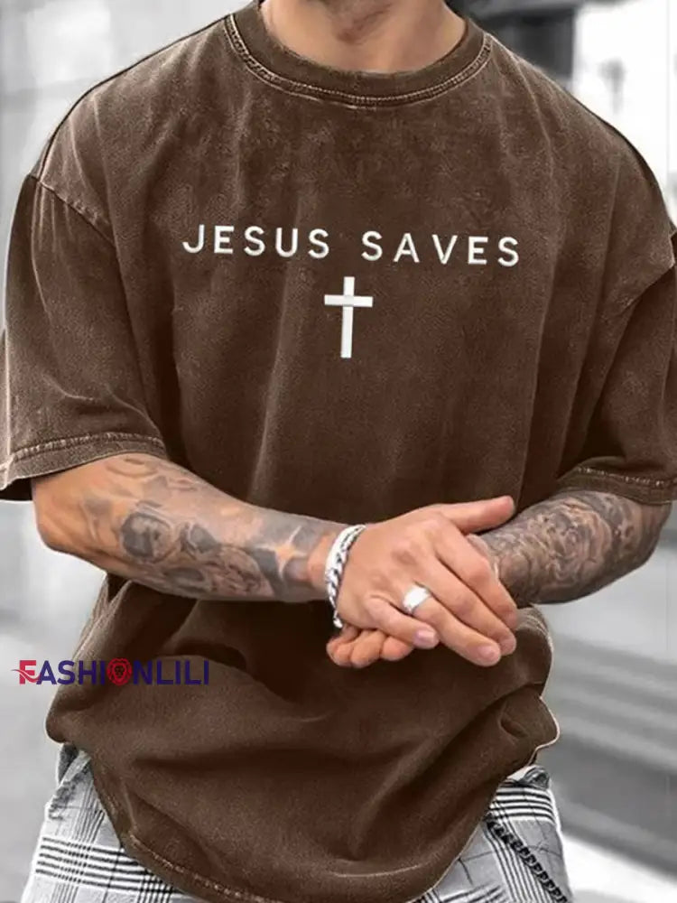 Men’s Jesus Saves Faith Print T-shirt Brown / S
