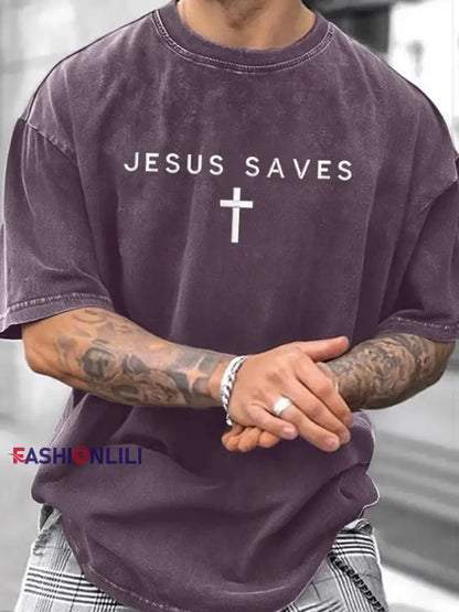 Men’s Jesus Saves Faith Print T-shirt Purple / S