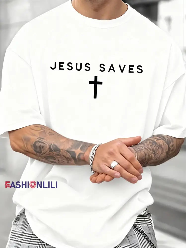 Men’s Jesus Saves Faith Print T-shirt White / S