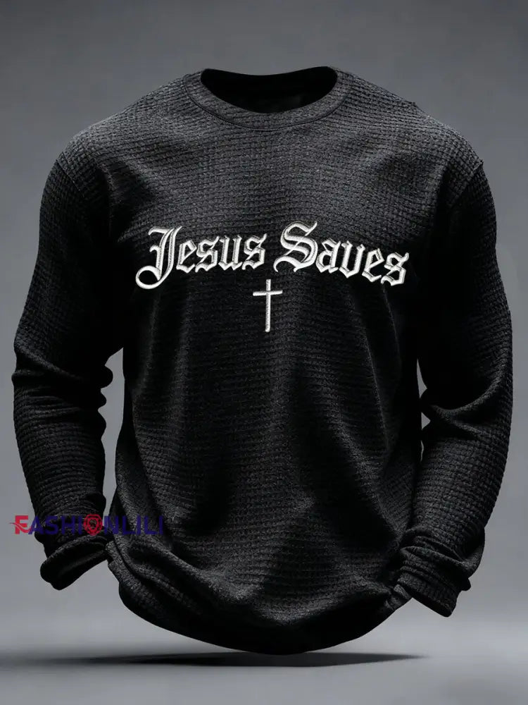 Men’s Jesus Saves Waffle Print Casual T-Shirt Black / S