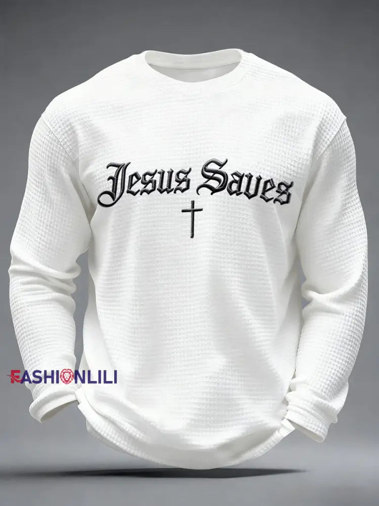 Men’s Jesus Saves Waffle Print Casual T-Shirt White / S