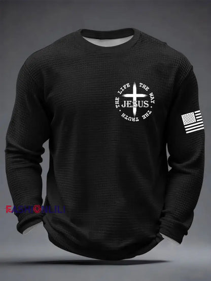 Men’s Jesus The Way The Truth The Life John 14:6 Christian Cross Waffle Long Sleeve T-Shirt