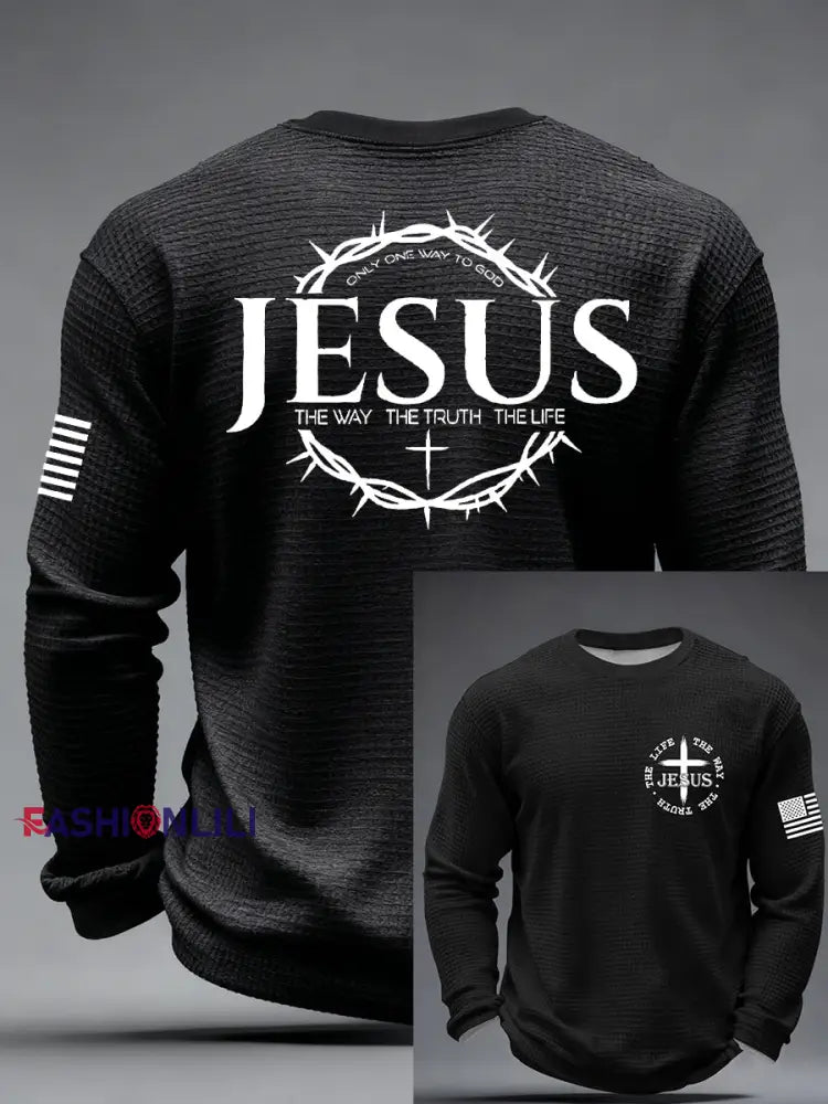 Men’s Jesus The Way The Truth The Life John 14:6 Christian Cross Waffle Long Sleeve T-Shirt Black / S