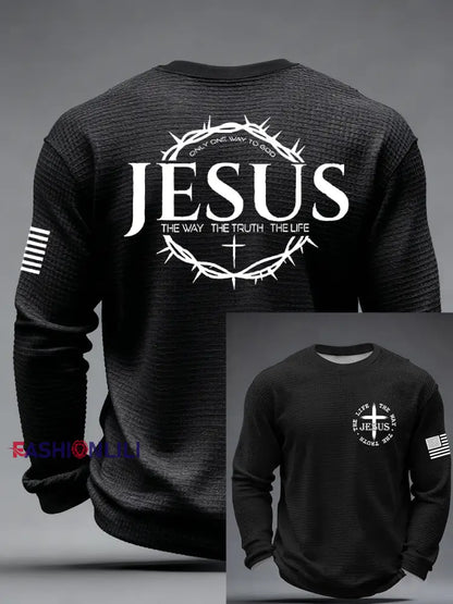 Men’s Jesus The Way The Truth The Life John 14:6 Christian Cross Waffle Long Sleeve T-Shirt Black / S