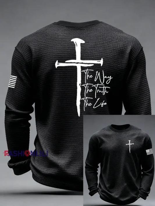 Men’s Jesus The Way The Truth The Life John 14:6 Christian Cross Waffle Long Sleeve T-Shirt Black / S