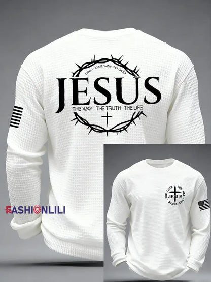 Men’s Jesus The Way The Truth The Life John 14:6 Christian Cross Waffle Long Sleeve T-Shirt White / S