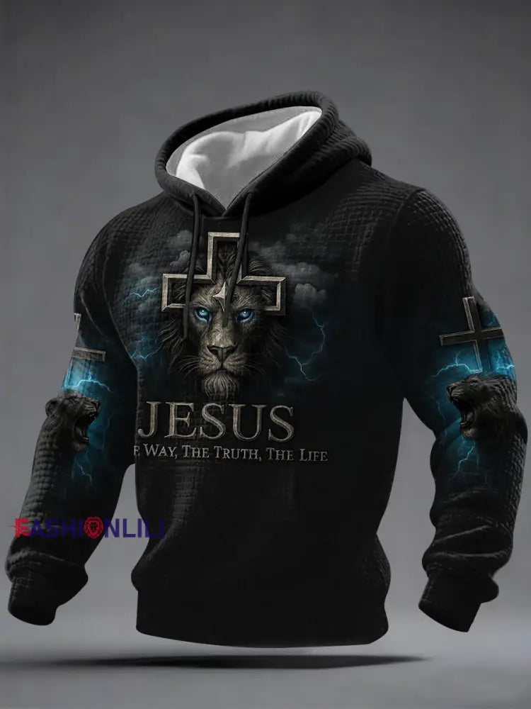 Men’s Jesus The Way The Truth The Life Lion Print Casual Checkered Hoodie Black / S
