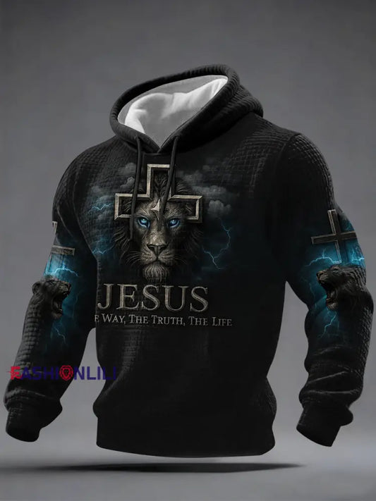 Men’s Jesus The Way The Truth The Life Lion Print Casual Checkered Hoodie Black / S