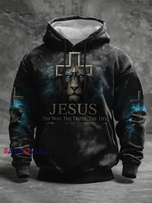 Men’s Jesus The Way The Truth The Life Lion Print Casual Hoodie Black / S