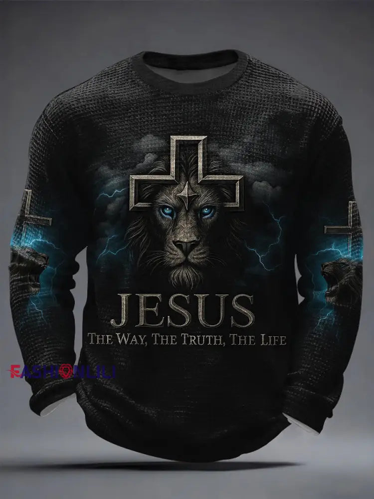 Men’s Jesus The Way The Truth The Life Lion Print Casual Long Sleeve T-Shirt Black / S