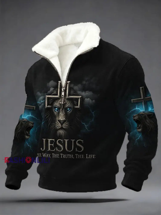 Men’s Jesus The Way The Truth The Life Lion Print Casual Plush Zipper Pullover Black / S