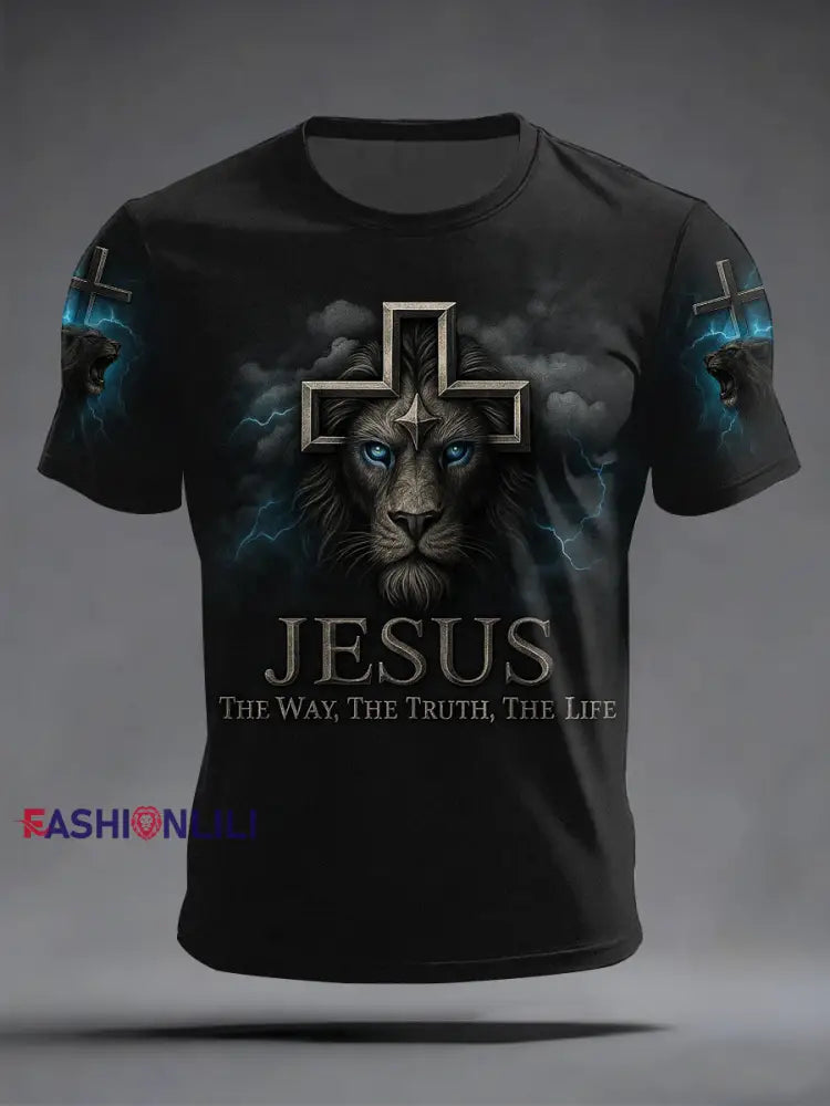 Men’s Jesus The Way The Truth The Life Lion Print Casual Tee Black / S