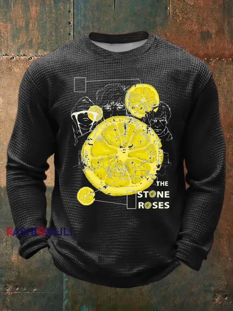 Men’s Lemon Roses Music Lover Waffle Long Sleeve T-Shirt Black / S