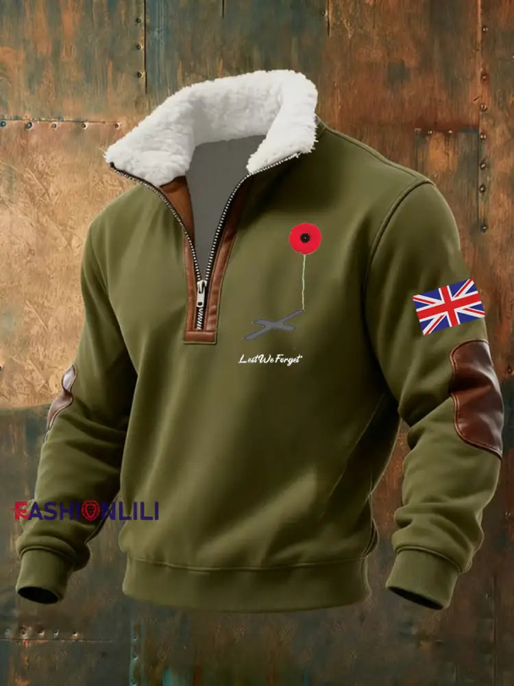 Men’s Lest We Forget Printed baggy zip-up hoodie Army Green / S