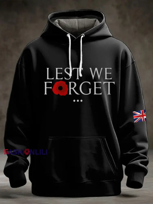 Men’s Lest We Forget Printed Oversized Drop-Shoulder Hoodie with Pockets Black / S