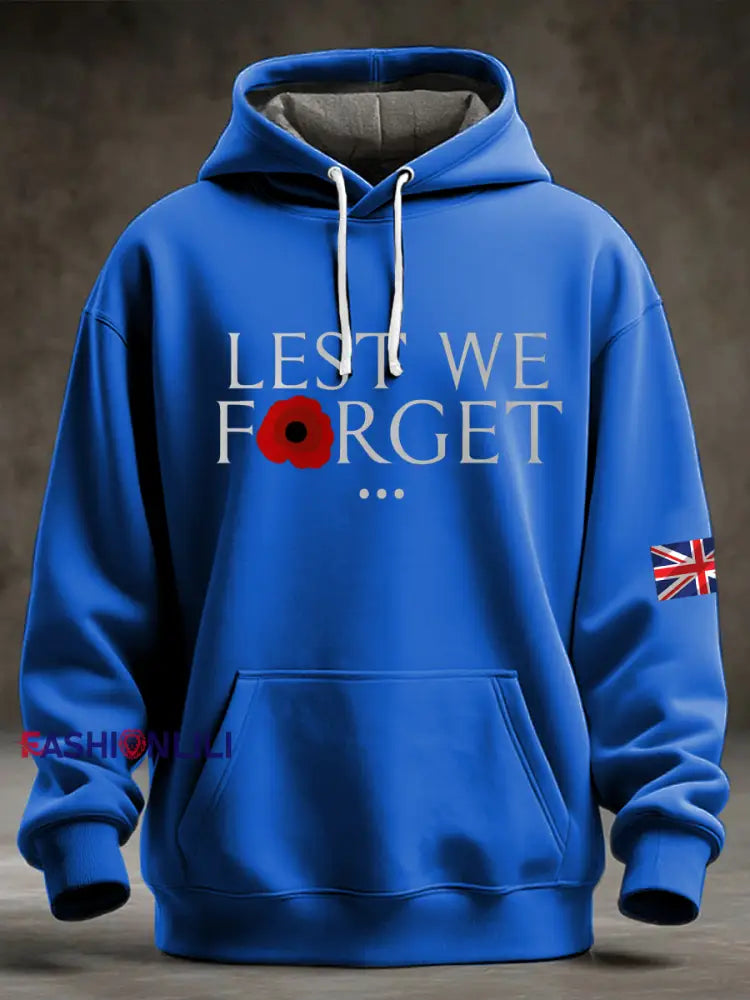 Men’s Lest We Forget Printed Oversized Drop-Shoulder Hoodie with Pockets Blue / S