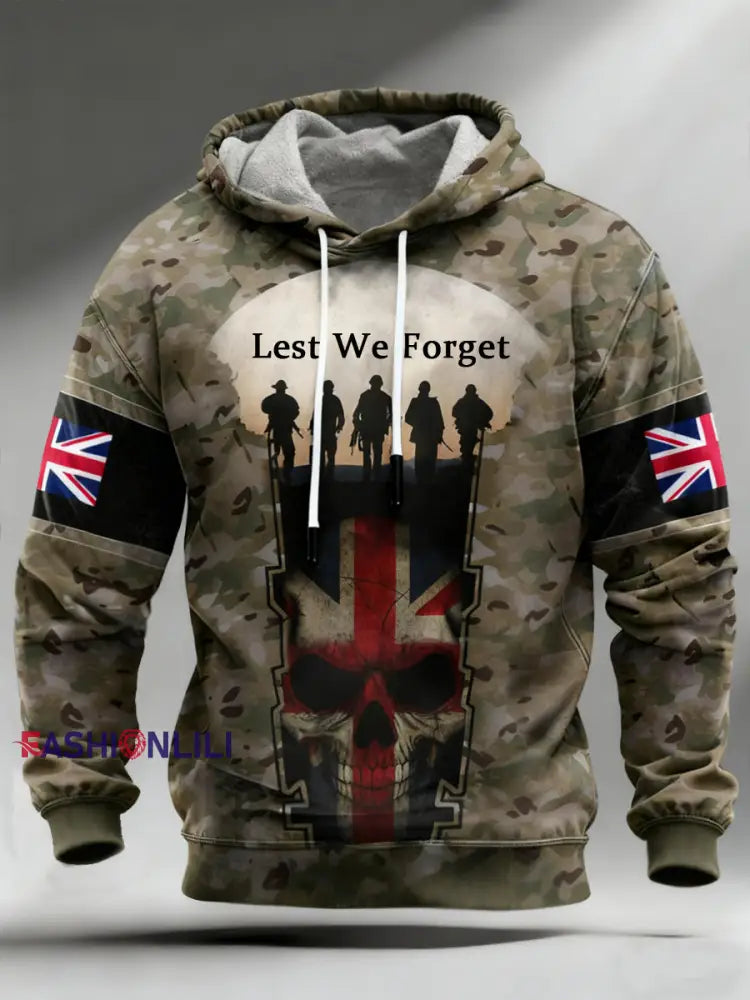 Men’s Lest We Forget Veterans UK Flag Camouflage Print Casual Hoodie Camouflage / S