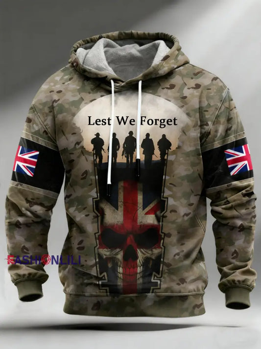 Men’s Lest We Forget Veterans UK Flag Camouflage Print Casual Hoodie Camouflage / S