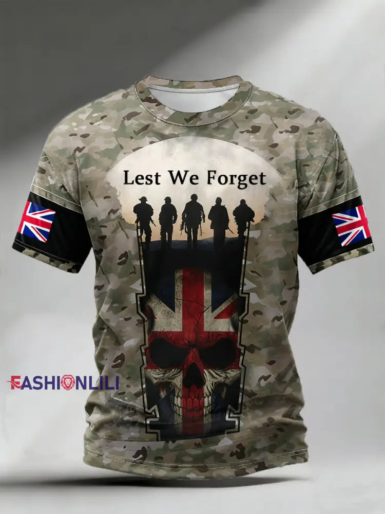 Men’s Lest We Forget Veterans UK Flag Camouflage Print Casual Tee Camouflage / S