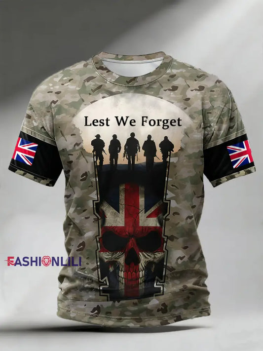 Men’s Lest We Forget Veterans UK Flag Camouflage Print Casual Tee Camouflage / S