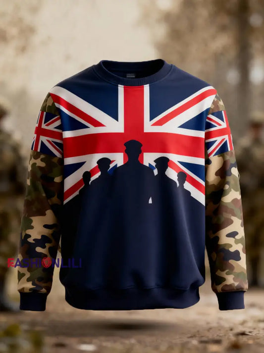 Men’s Lest We Forgrt UK Flag Veterans Print Casual Sweatshirt Navy Blue / S