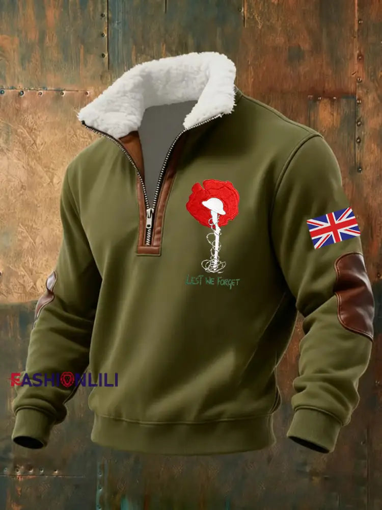 Men’s Lest We The Forget baggy zip-up hoodie Army Green / S