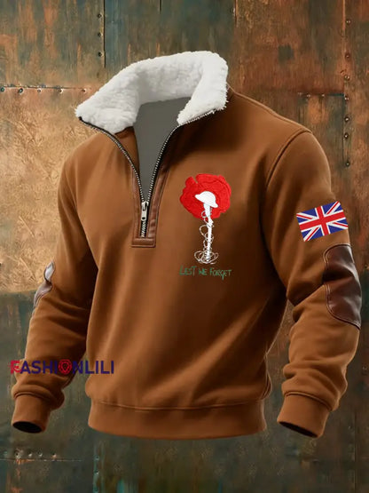 Men’s Lest We The Forget baggy zip-up hoodie Brown / S