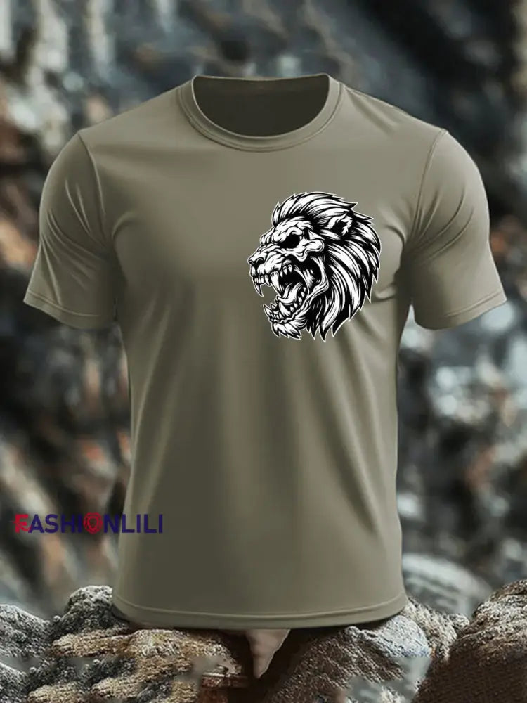 Men’s Lion Head Print imitation cotton short-sleeved T-shirt Army Green / S