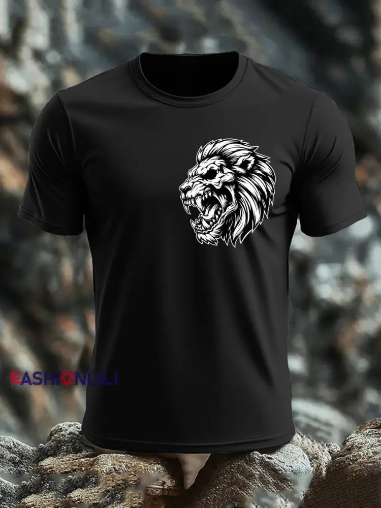 Men’s Lion Head Print imitation cotton short-sleeved T-shirt Black / S