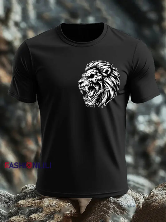 Men’s Lion Head Print imitation cotton short-sleeved T-shirt Black / S