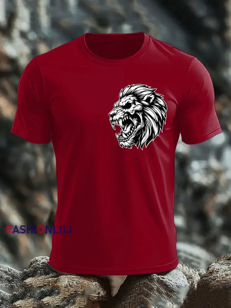 Men’s Lion Head Print imitation cotton short-sleeved T-shirt Deep Red / S