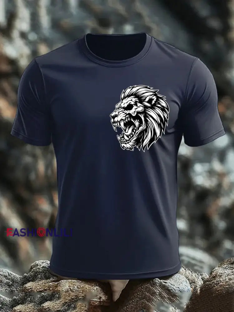 Men’s Lion Head Print imitation cotton short-sleeved T-shirt Navy Blue / S