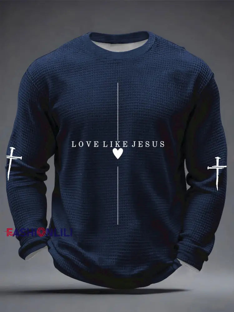 Men’s Love Like Jesus Waffle Long Sleeve T-Shirt Navy Blue / S