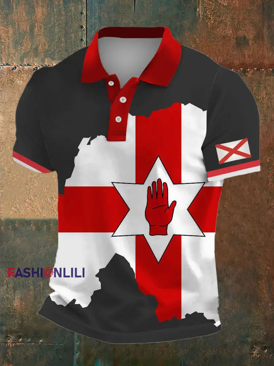 Men’s Map Of Northern Ireland And Ulster Flag Print Polo Neck Plunger Short Sleeve T-Shirt Gray / S