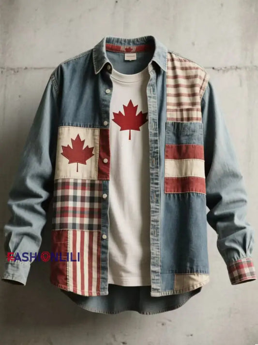 Men’s Maple Leaf Patchwork Art Vintage Shirt As picture / S