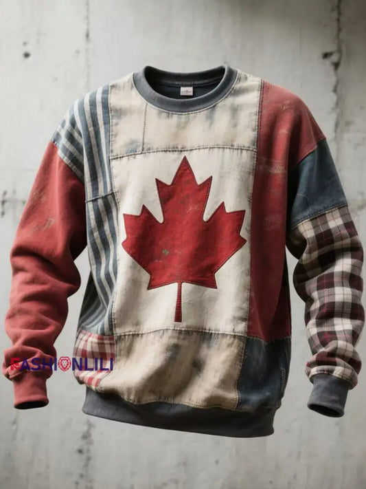 Men’s Maple Leaf Pattern Patchwork Art Vintage Sweatshirt As picture / S