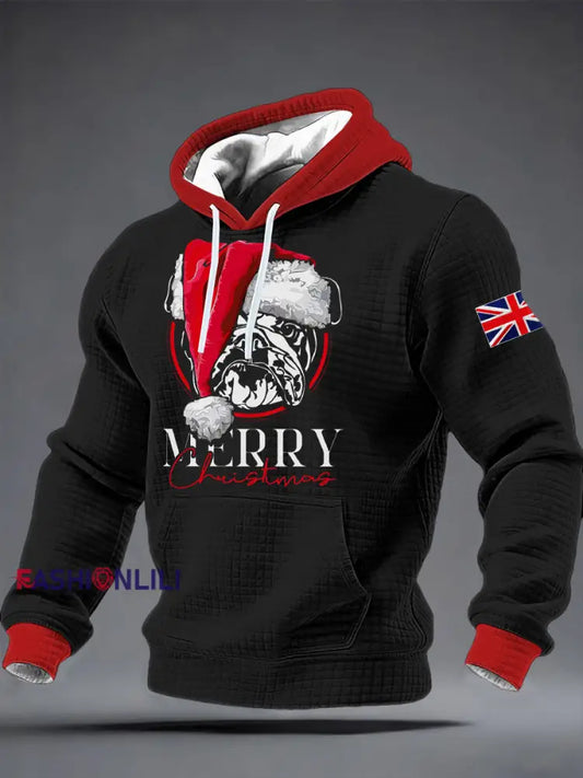 Men’s Merry Christmas Bulldog Print Checkered Cotton Hoodie Black / S