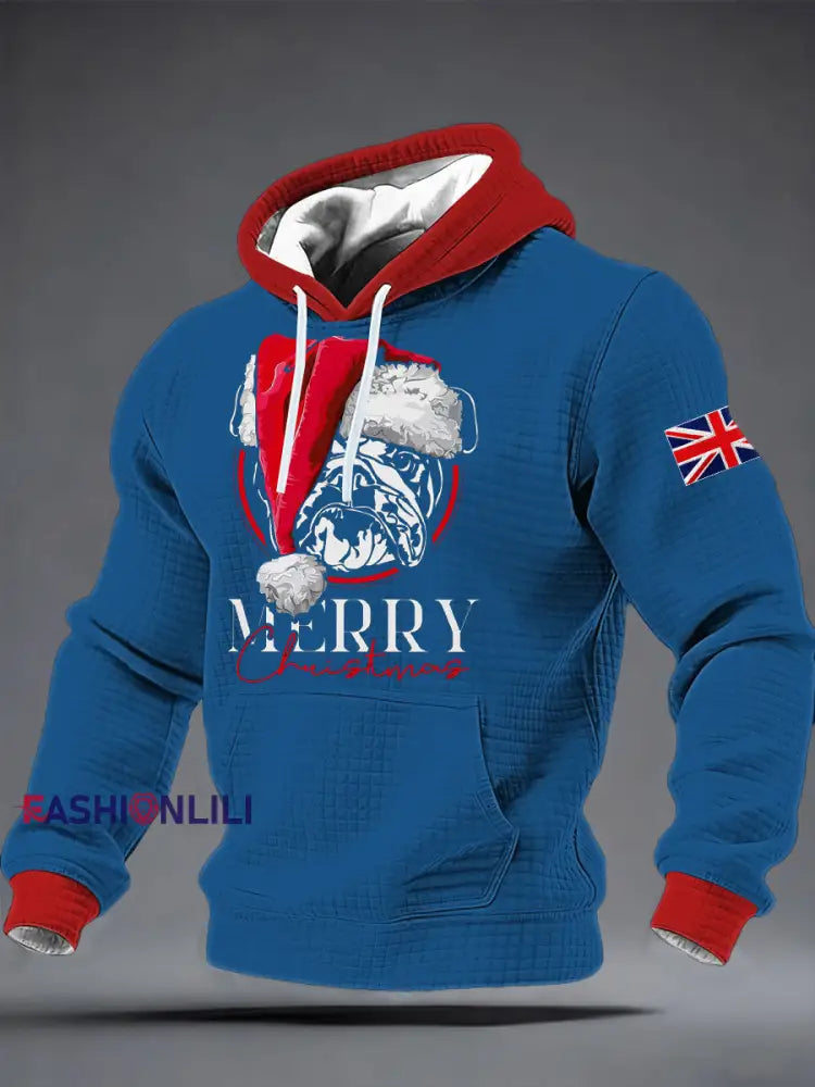 Men’s Merry Christmas Bulldog Print Checkered Cotton Hoodie Blue / S