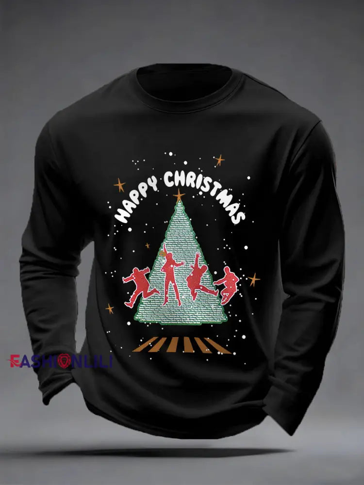 Men’s Merry Christmas Retro Classic Legendary Rock Band Print Casual Long Sleeve T-Shirt Black / S