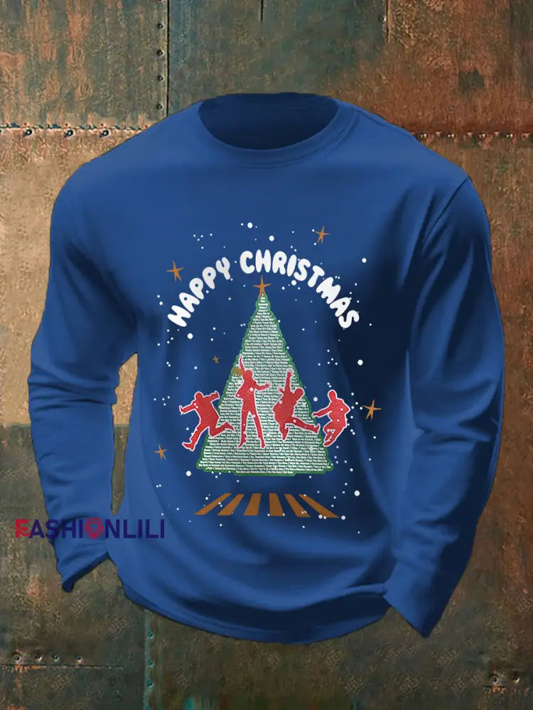 Men’s Merry Christmas Retro Classic Legendary Rock Band Print Casual Long Sleeve T-Shirt Blue / S