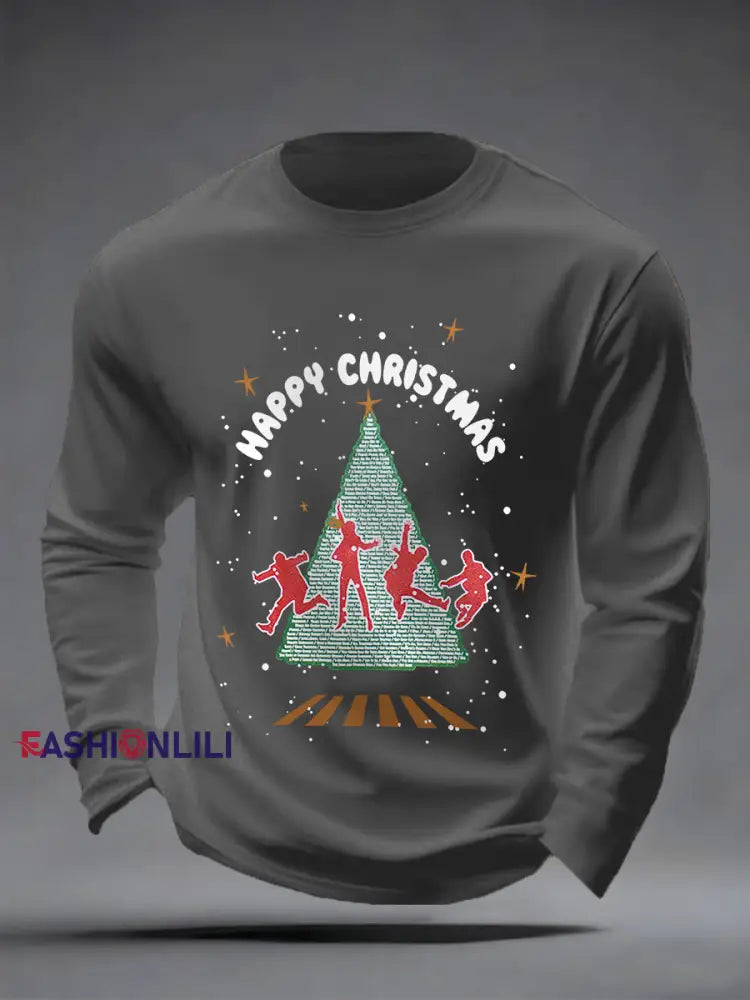 Men’s Merry Christmas Retro Classic Legendary Rock Band Print Casual Long Sleeve T-Shirt Gray / S