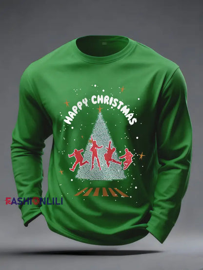 Men’s Merry Christmas Retro Classic Legendary Rock Band Print Casual Long Sleeve T-Shirt Green / S