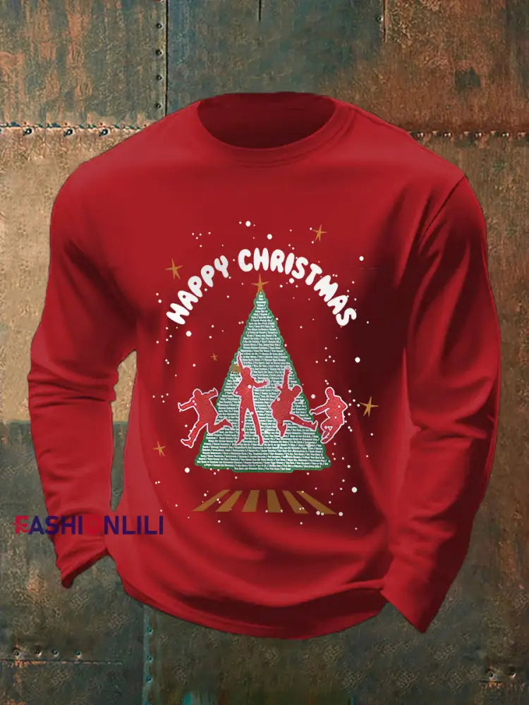 Men’s Merry Christmas Retro Classic Legendary Rock Band Print Casual Long Sleeve T-Shirt Red / S