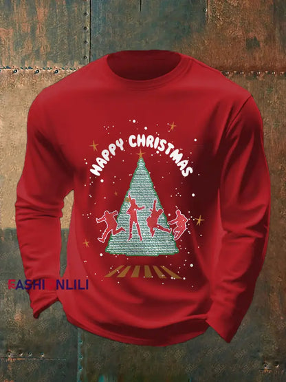 Men’s Merry Christmas Retro Classic Legendary Rock Band Print Casual Long Sleeve T-Shirt Red / S