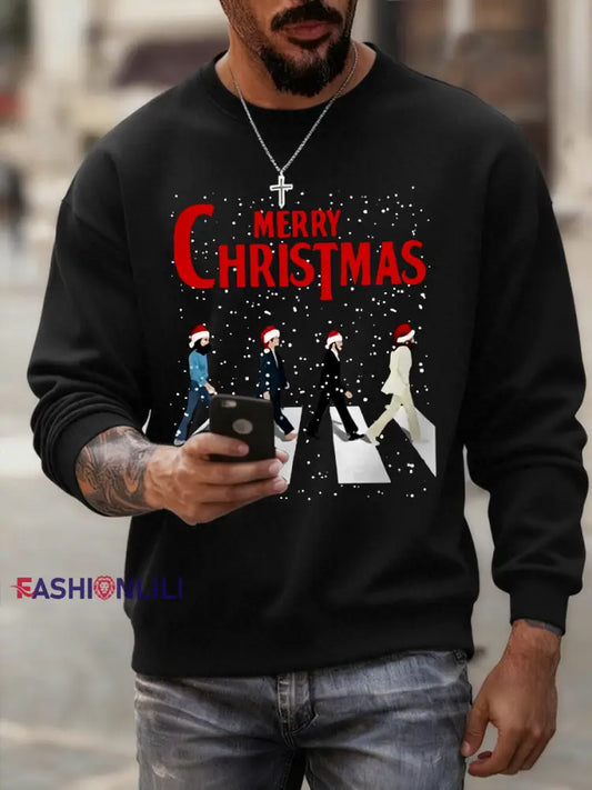 Men’s Merry Christmas Retro Classic Legendary Rock Band Print Casual Sweatshirt Black / S